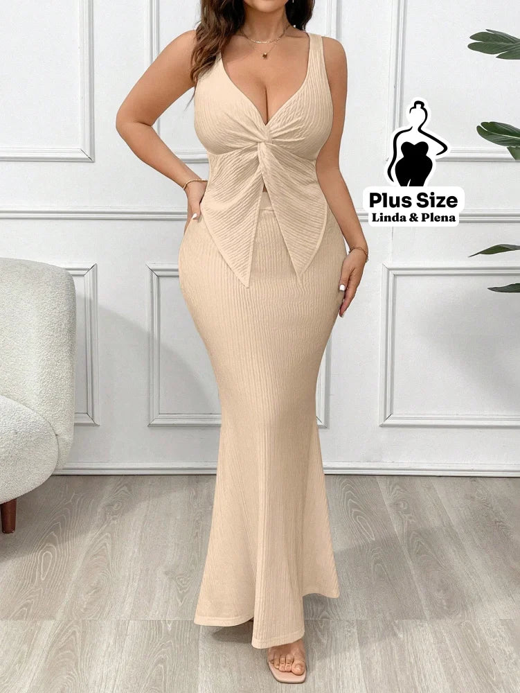 Conjunto Regata Com Nó Frontal E Saia Longa Justa Plus Size Conjunto Regata Com Nó Frontal E Saia Longa Justa Plus Size