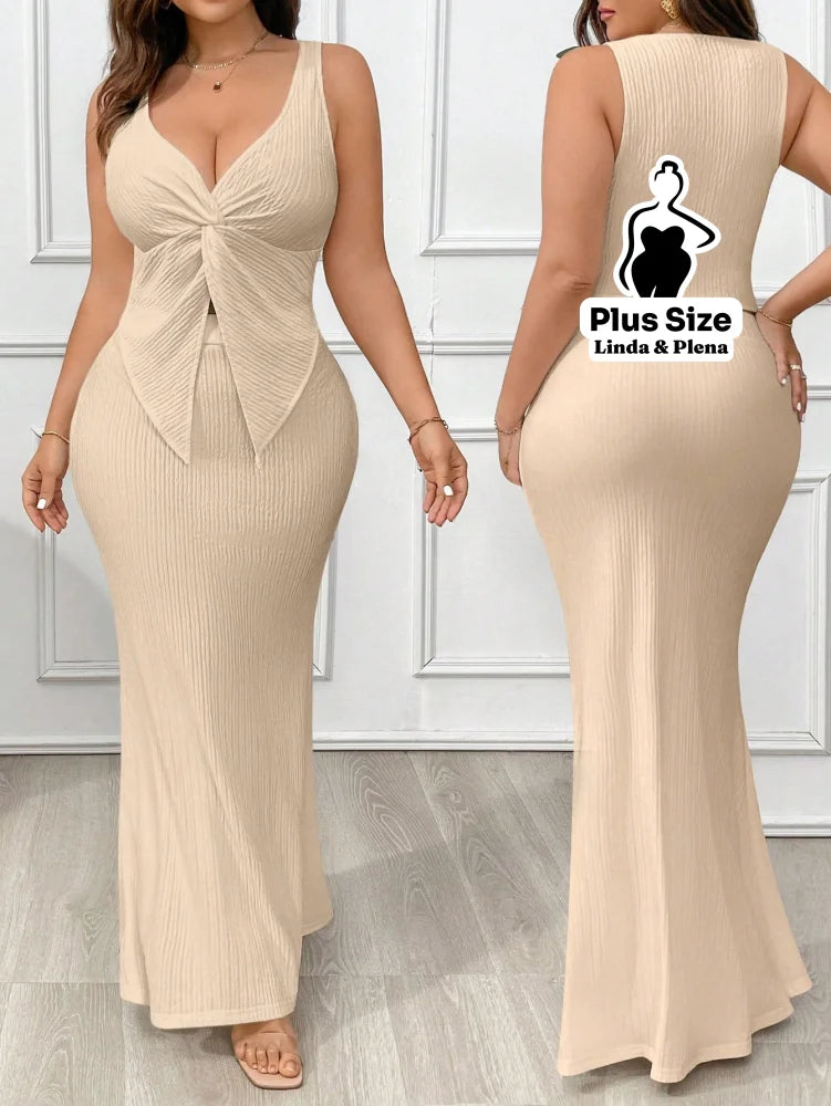 Conjunto Regata Com Nó Frontal E Saia Longa Justa Plus Size Damasco / G Conjunto Regata Com Nó Frontal E Saia Longa