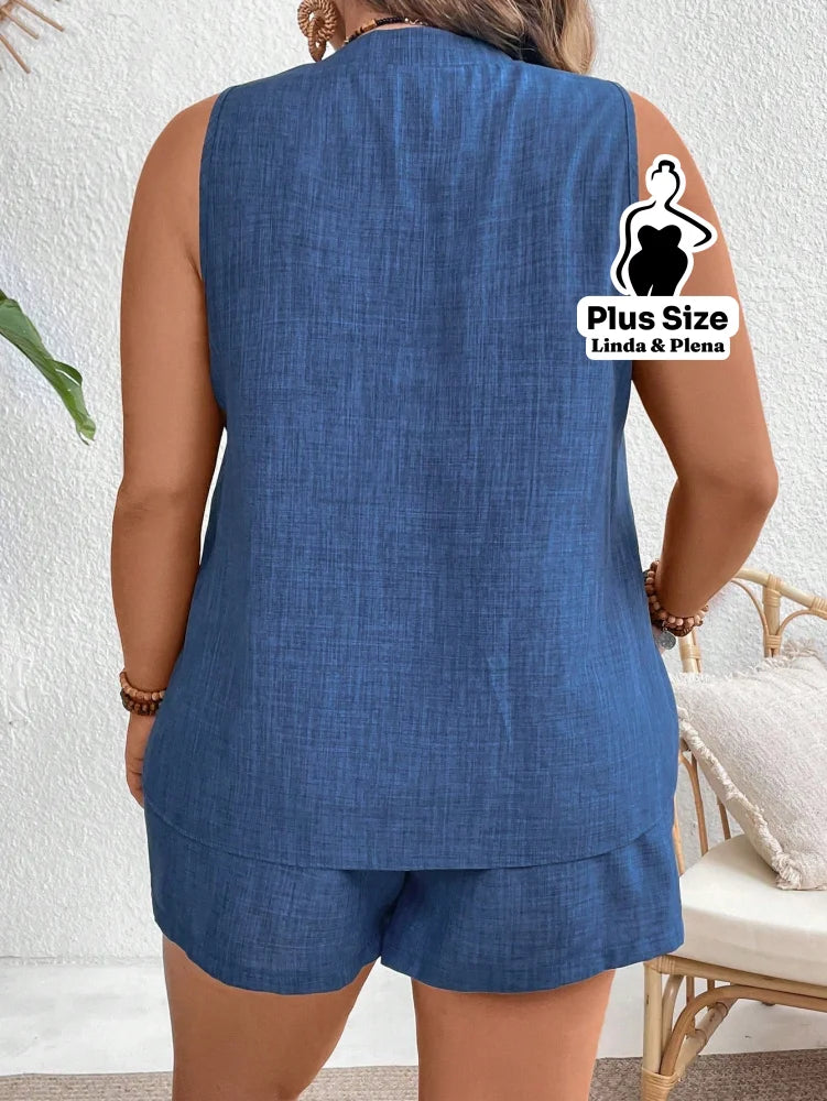 Conjunto Regata com Shorts Jeans Leve e Soltinho Plus Size Conjunto Regata com Shorts Jeans Leve e Soltinho Plus Size