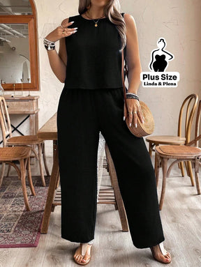Conjunto Regata Cropped Pantalona Cós Alto Plus Size Conjunto Regata Cropped Pantalona Cós Alto Plus Size
