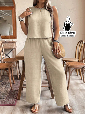 Conjunto Regata Cropped Pantalona Cós Alto Plus Size Conjunto Regata Cropped Pantalona Cós Alto Plus Size