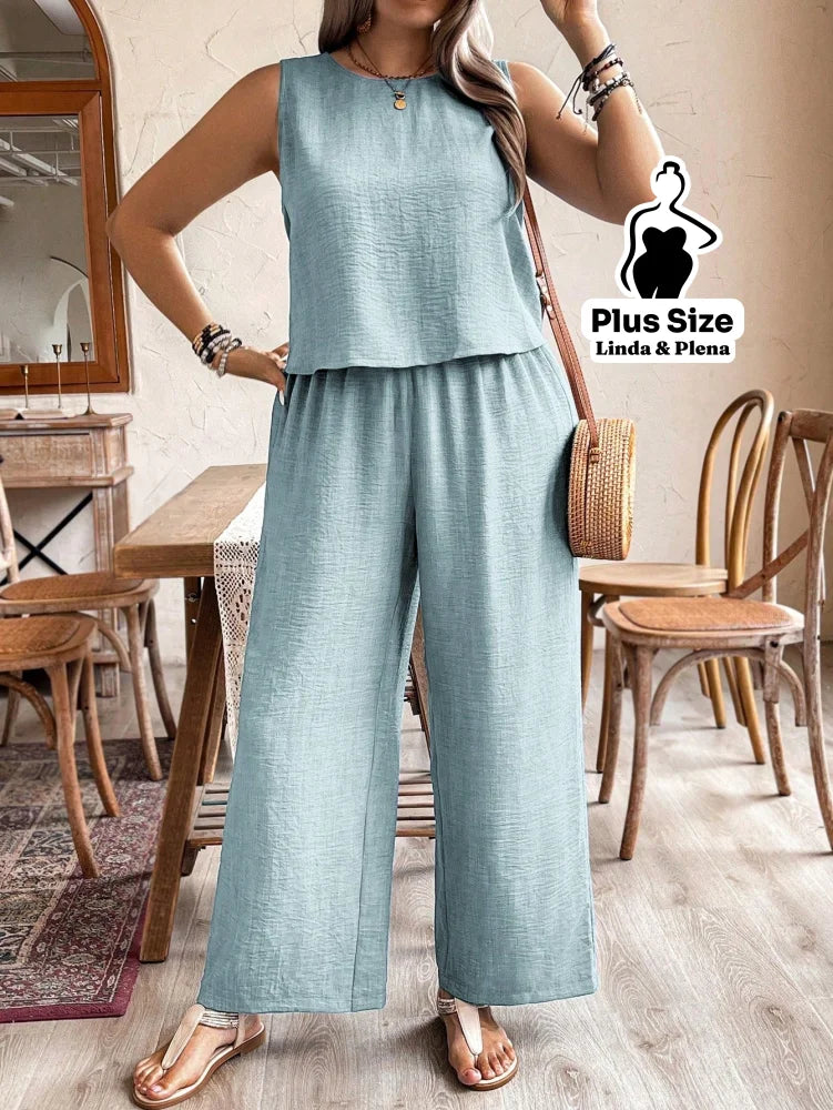Conjunto Regata Cropped Pantalona Cós Alto Plus Size Azul / G Conjunto Regata Cropped Pantalona Cós Alto Plus Size