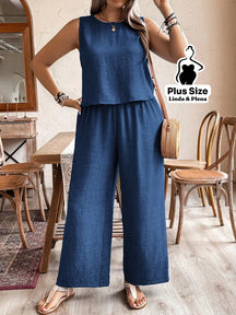 Conjunto Regata Cropped Pantalona Cós Alto Plus Size Azul Marinho / G Conjunto Regata Cropped Pantalona Cós Alto Plus
