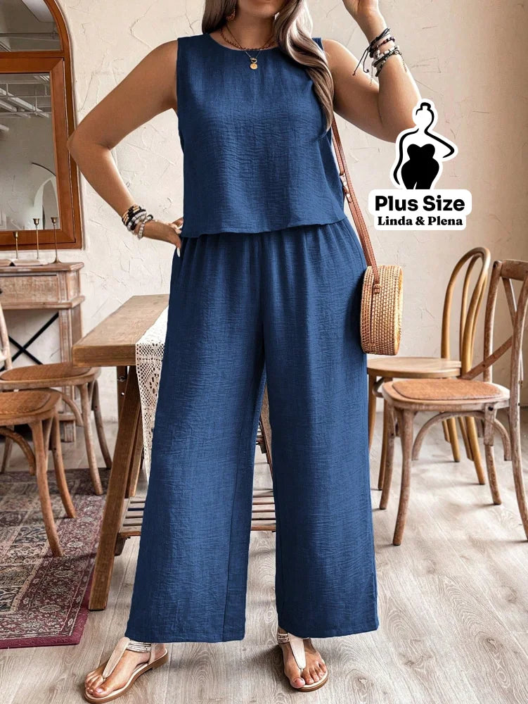 Conjunto Regata Cropped Pantalona Cós Alto Plus Size Azul Marinho / G Conjunto Regata Cropped Pantalona Cós Alto Plus