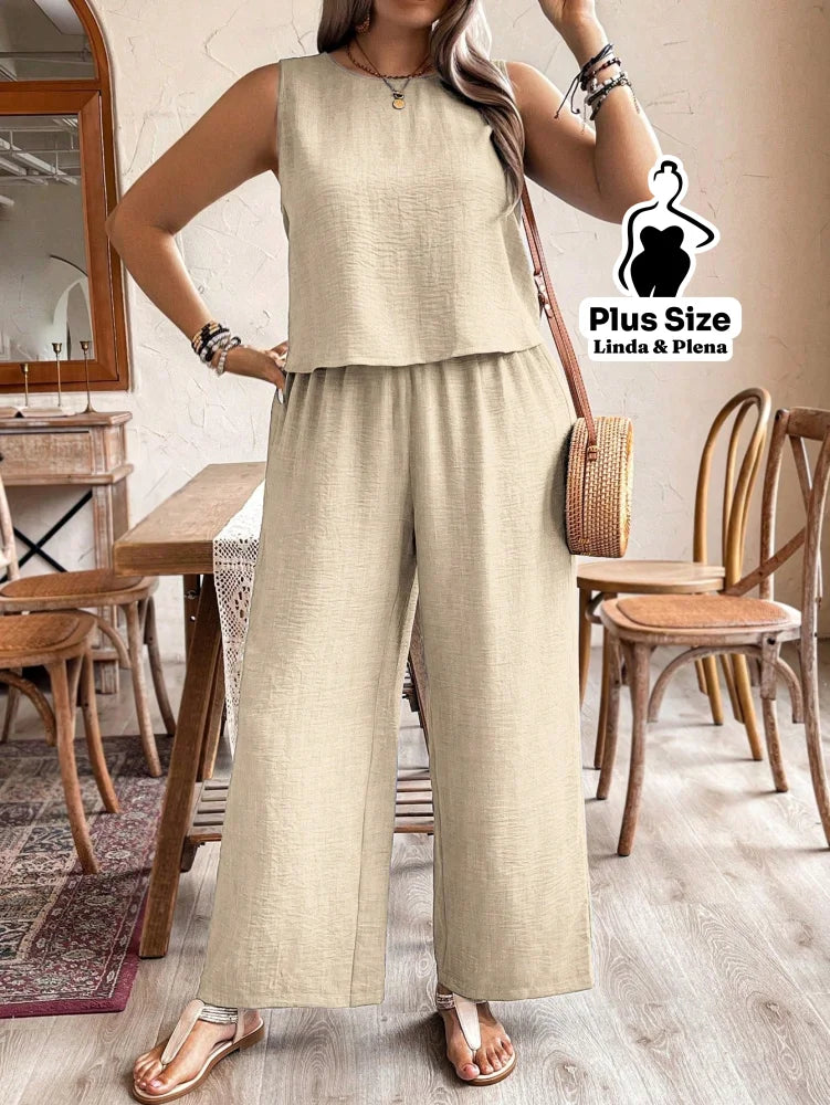 Conjunto Regata Cropped Pantalona Cós Alto Plus Size Damasco / G Conjunto Regata Cropped Pantalona Cós Alto Plus Size