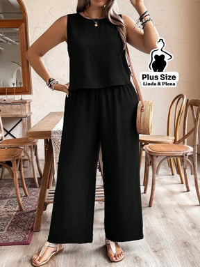 Conjunto Regata Cropped Pantalona Cós Alto Plus Size Preto / G Conjunto Regata Cropped Pantalona Cós Alto Plus Size