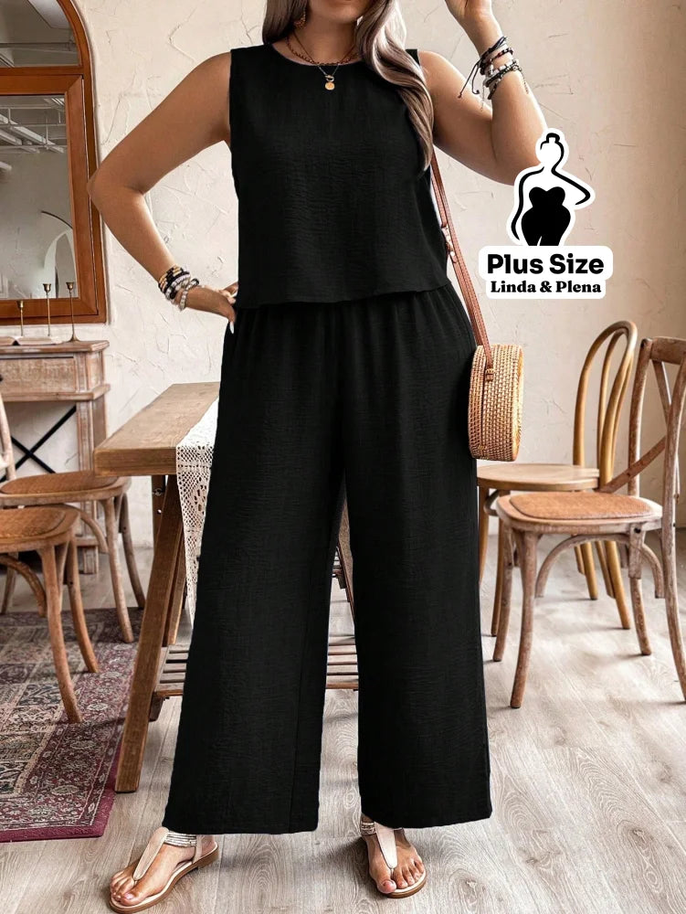Conjunto Regata Cropped Pantalona Cós Alto Plus Size Preto / G Conjunto Regata Cropped Pantalona Cós Alto Plus Size