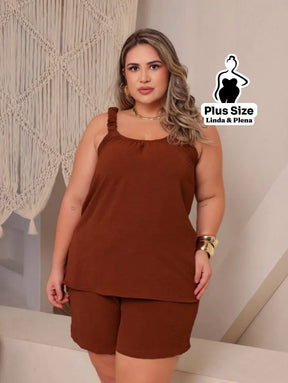 Conjunto Regata Cropped Shorts Cós Ajustável Plus Size Conjunto Regata Cropped Shorts Cós Ajustável Plus Size