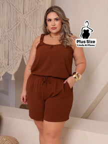 Conjunto Regata Cropped Shorts Cós Ajustável Plus Size Marrom / G Conjunto Regata Cropped Shorts Cós Ajustável Plus Size