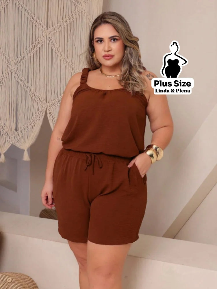 Conjunto Regata Cropped Shorts Cós Ajustável Plus Size Marrom / G Conjunto Regata Cropped Shorts Cós Ajustável Plus Size