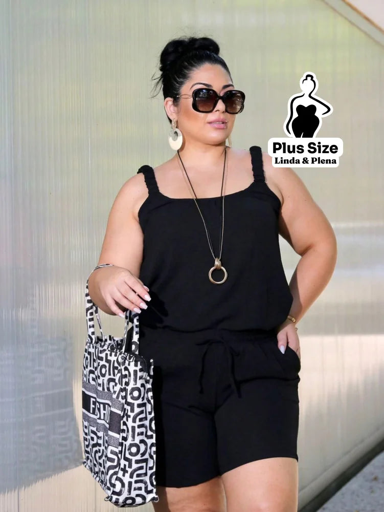 Conjunto Regata Cropped Shorts Cós Ajustável Plus Size Preto / G Conjunto Regata Cropped Shorts Cós Ajustável Plus Size