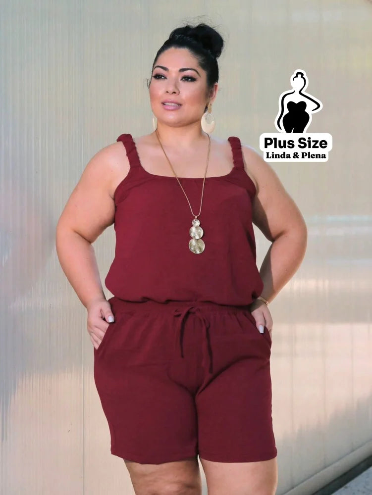 Conjunto Regata Cropped Shorts Cós Ajustável Plus Size Vinho / G Conjunto Regata Cropped Shorts Cós Ajustável Plus Size