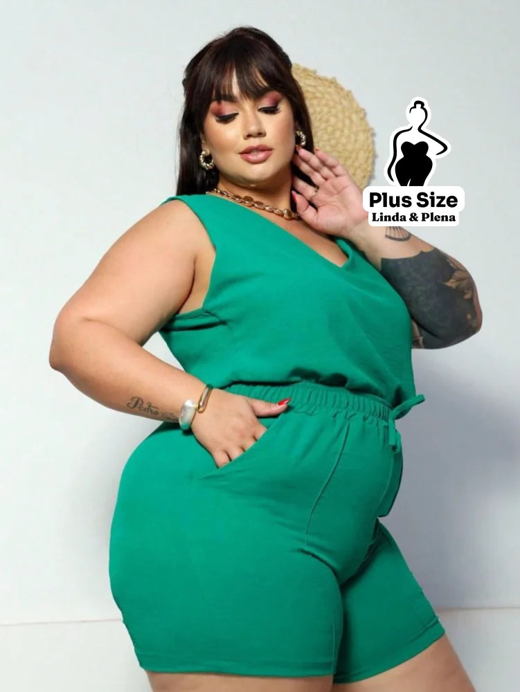 Conjunto Regata Decote V com Shorts de Amarração Plus Size Conjunto Regata Decote V com Shorts de Amarração Plus Size