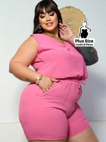 Conjunto Regata Decote V com Shorts de Amarração Plus Size Rosa / G Conjunto Regata Decote V com Shorts de Amarração