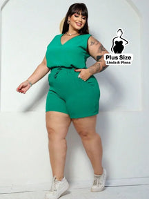 Conjunto Regata Decote V com Shorts de Amarração Plus Size Verde / G Conjunto Regata Decote V com Shorts de Amarração