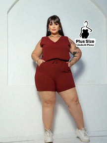 Conjunto Regata Decote V com Shorts de Amarração Plus Size Vinho / G Conjunto Regata Decote V com Shorts de Amarração
