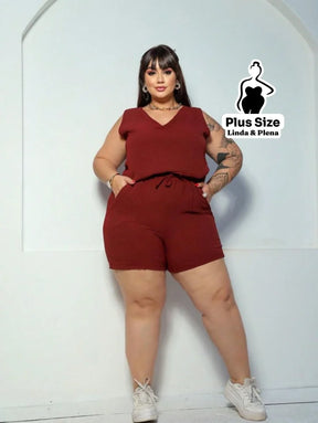 Conjunto Regata Decote V com Shorts de Amarração Plus Size Vinho / G Conjunto Regata Decote V com Shorts de Amarração