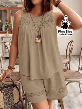 Conjunto Regata Detalhe Renda Shorts Cós Elástico Plus Size Conjunto Regata Detalhe Renda Shorts Cós Elástico Plus Size