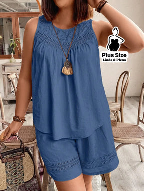 Conjunto Regata Detalhe Renda Shorts Cós Elástico Plus Size Conjunto Regata Detalhe Renda Shorts Cós Elástico Plus Size
