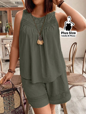 Conjunto Regata Detalhe Renda Shorts Cós Elástico Plus Size Conjunto Regata Detalhe Renda Shorts Cós Elástico Plus Size
