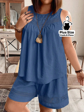 Conjunto Regata Detalhe Renda Shorts Cós Elástico Plus Size Azul / G Conjunto Regata Detalhe Renda Shorts Cós Elástico