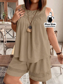 Conjunto Regata Detalhe Renda Shorts Cós Elástico Plus Size Caqui / G Conjunto Regata Detalhe Renda Shorts Cós Elástico