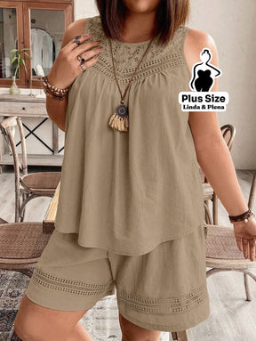 Conjunto Regata Detalhe Renda Shorts Cós Elástico Plus Size Caqui / G Conjunto Regata Detalhe Renda Shorts Cós Elástico