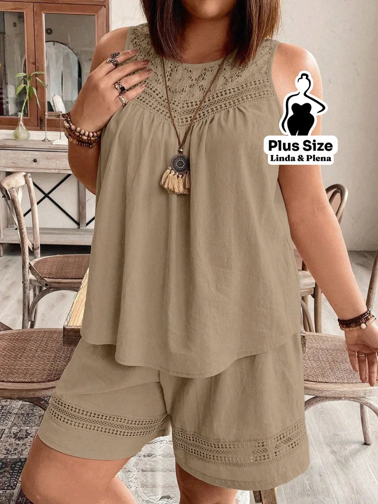 Conjunto Regata Detalhe Renda Shorts Cós Elástico Plus Size Caqui / G Conjunto Regata Detalhe Renda Shorts Cós Elástico