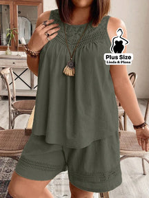Conjunto Regata Detalhe Renda Shorts Cós Elástico Plus Size Verde Militar / G Conjunto Regata Detalhe Renda Shorts Cós