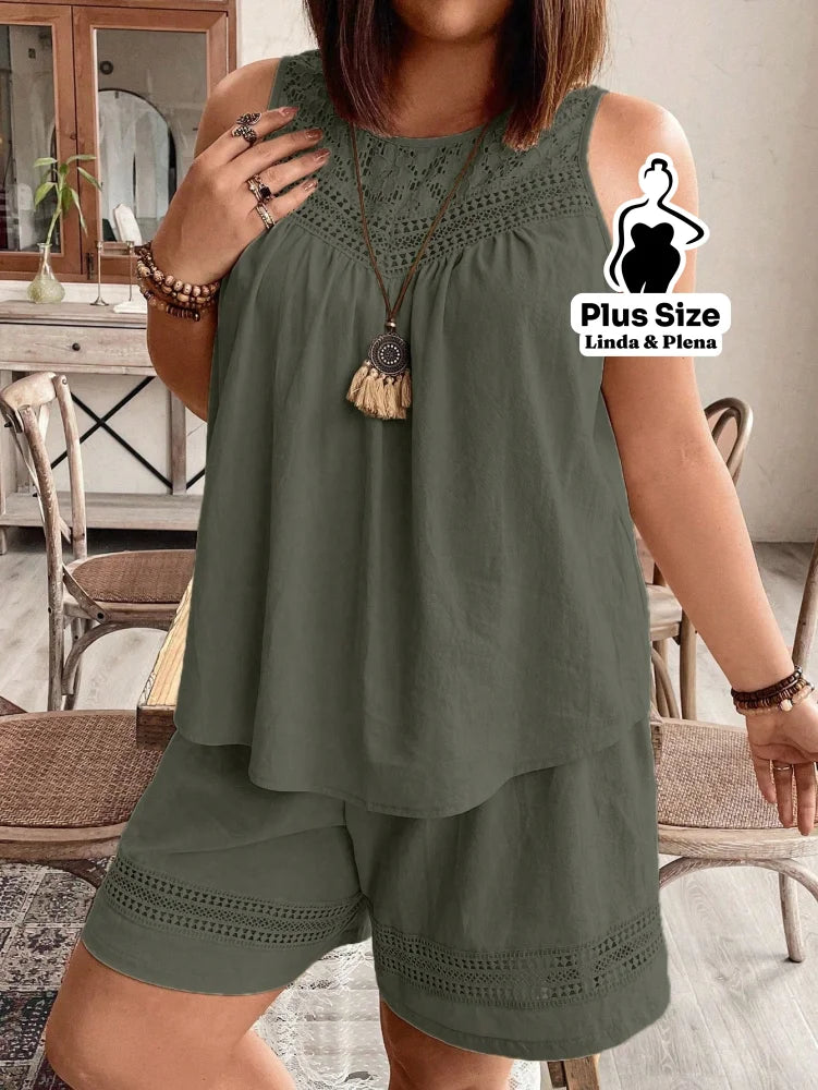 Conjunto Regata Detalhe Renda Shorts Cós Elástico Plus Size Verde Militar / G Conjunto Regata Detalhe Renda Shorts Cós