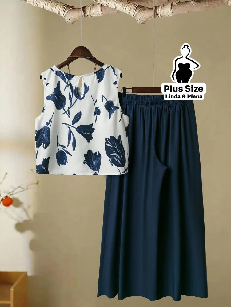 Conjunto Regata Floral Pantalona Cós Alto Plus Size Conjunto Regata Floral Pantalona Cós Alto Plus Size