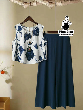 Conjunto Regata Floral Pantalona Cós Alto Plus Size Azul Marinho / G Conjunto Regata Floral Pantalona Cós Alto Plus Size