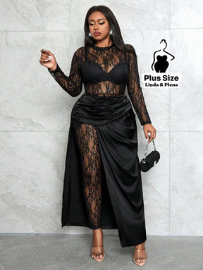 Conjunto Renda Com Saia Longa E Detalhe Cetim Plus Size Preto / G Conjunto Renda Com Saia Longa E Detalhe Cetim Plus