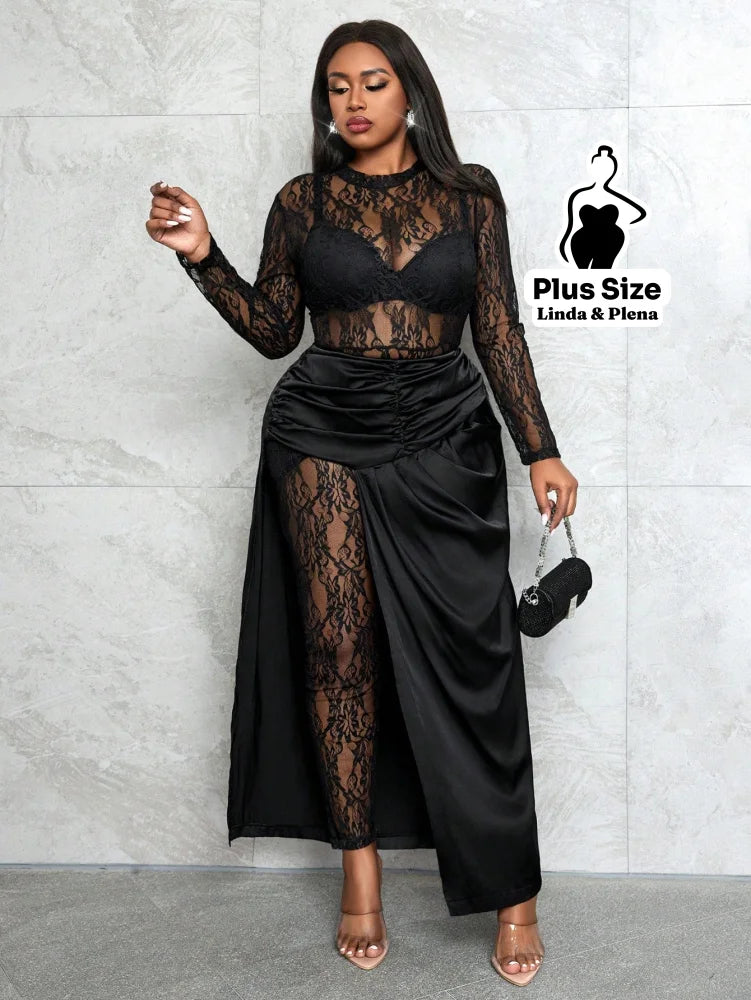 Conjunto Renda Com Saia Longa E Detalhe Cetim Plus Size Preto / G Conjunto Renda Com Saia Longa E Detalhe Cetim Plus