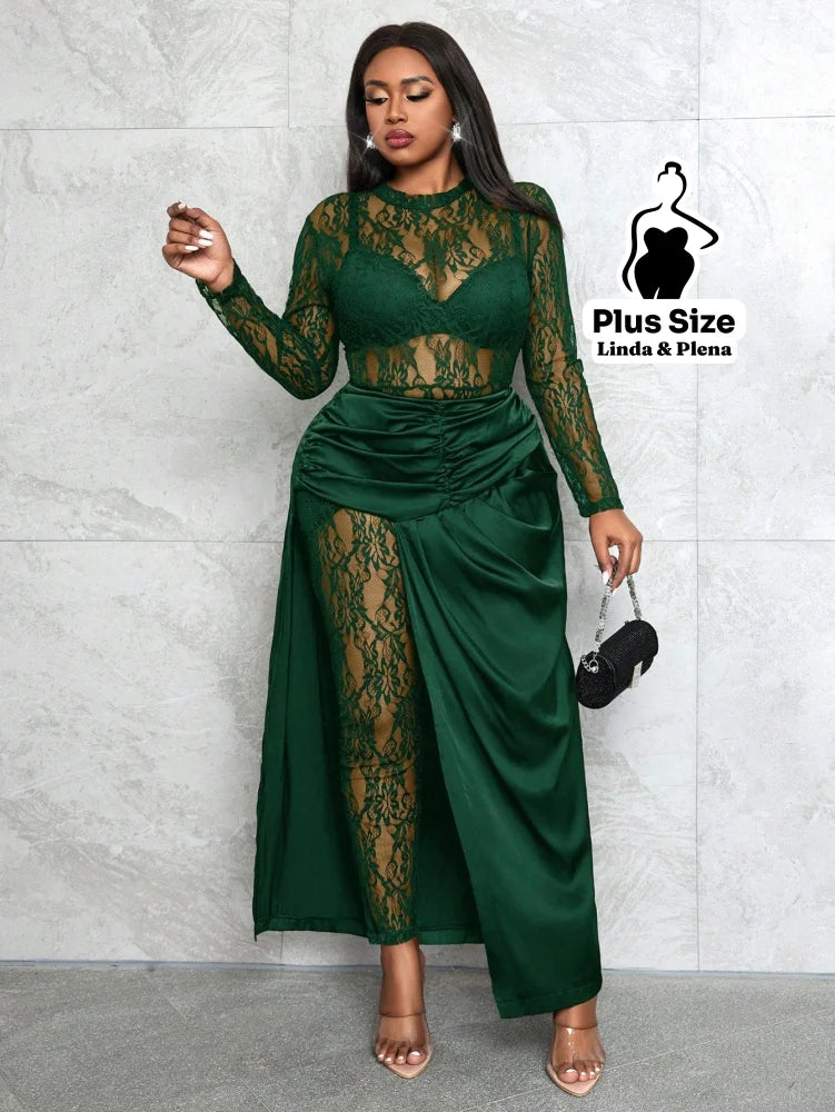 Conjunto Renda Com Saia Longa E Detalhe Cetim Plus Size Verde / G Conjunto Renda Com Saia Longa E Detalhe Cetim Plus