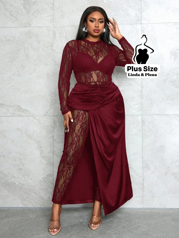 Conjunto Renda Com Saia Longa E Detalhe Cetim Plus Size Vinho / G Conjunto Renda Com Saia Longa E Detalhe Cetim Plus