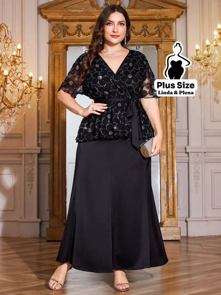 Conjunto Renda Delicada Com Faixa E Saia Longa Plus Size Preto / G Conjunto Renda Delicada Com Faixa E Saia Longa Plus