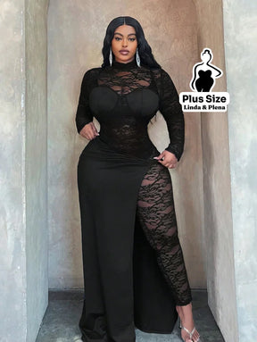 Conjunto Renda Transparente Com Saia Longa E Fenda Plus Size Conjunto Renda Transparente Com Saia Longa E Fenda Plus