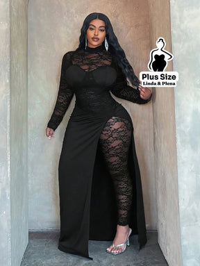 Conjunto Renda Transparente Com Saia Longa E Fenda Plus Size Conjunto Renda Transparente Com Saia Longa E Fenda Plus