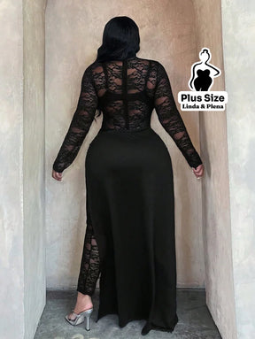 Conjunto Renda Transparente Com Saia Longa E Fenda Plus Size Conjunto Renda Transparente Com Saia Longa E Fenda Plus
