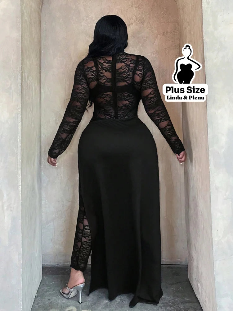 Conjunto Renda Transparente Com Saia Longa E Fenda Plus Size Conjunto Renda Transparente Com Saia Longa E Fenda Plus