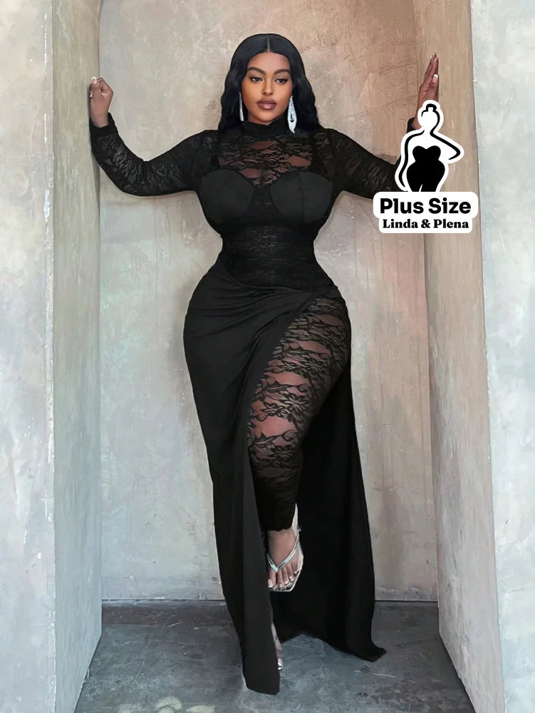 Conjunto Renda Transparente Com Saia Longa E Fenda Plus Size G Conjunto Renda Transparente Com Saia Longa E Fenda Plus