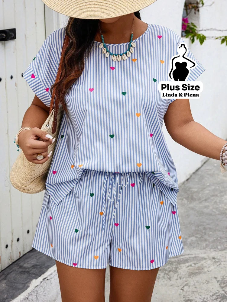 Conjunto Short E Blusa Estampados Em Tecido Leve Plus Size Azul e Branco / G Conjunto Short E Blusa Estampados Em