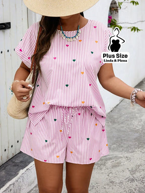Conjunto Short E Blusa Estampados Em Tecido Leve Plus Size Rosa e Branco / G Conjunto Short E Blusa Estampados Em