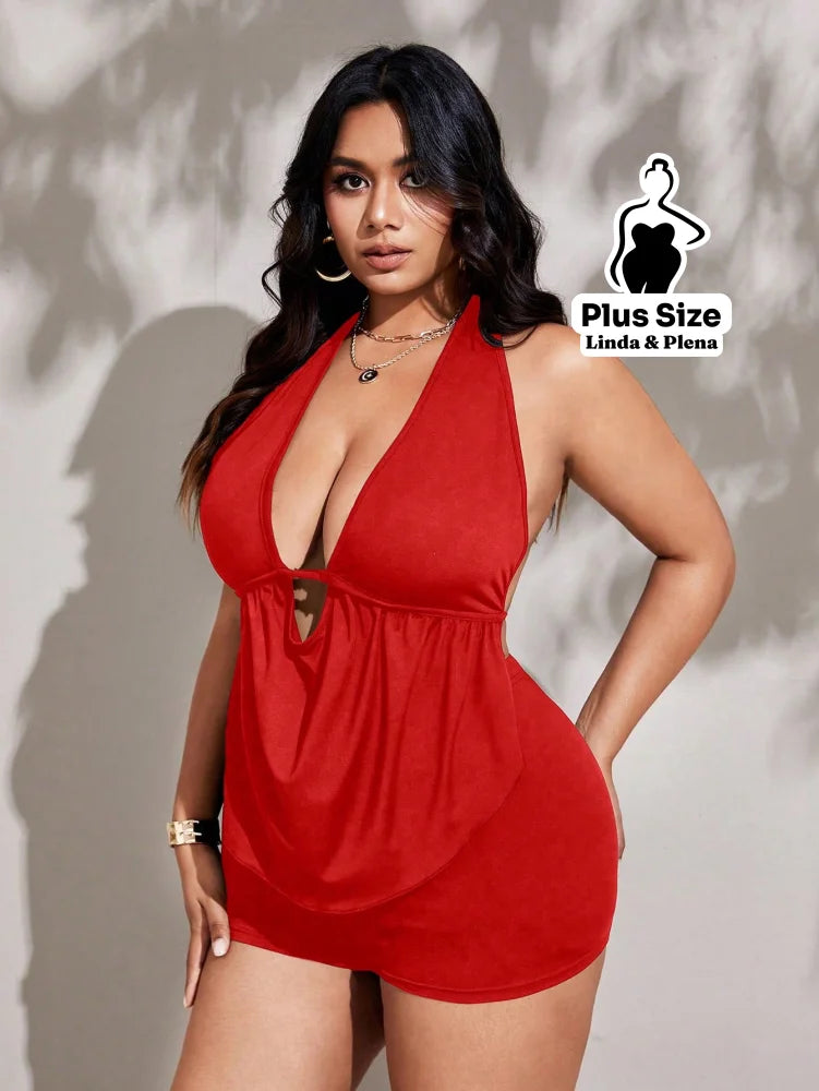 Conjunto Shortinho Com Decote Profundo E Amarração Plus Size Vermelho / G Conjunto Shortinho Com Decote Profundo E