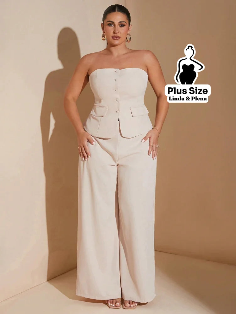 Conjunto Tomara Que Caia Botões Pantalona Cintura Alta Plus Size Damasco / G Conjunto Tomara Que Caia Botões Pantalona