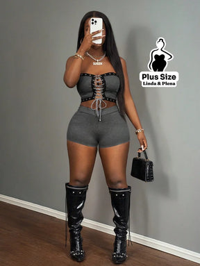 Conjunto Tomara Que Caia Com Amarração Frontal E Short Plus Size Conjunto Tomara Que Caia Com Amarração Frontal E Short