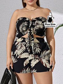 Conjunto Tomara Que Caia Com Estampa Tropical Plus Size Caqui / G Conjunto Tomara Que Caia Com Estampa Tropical Plus