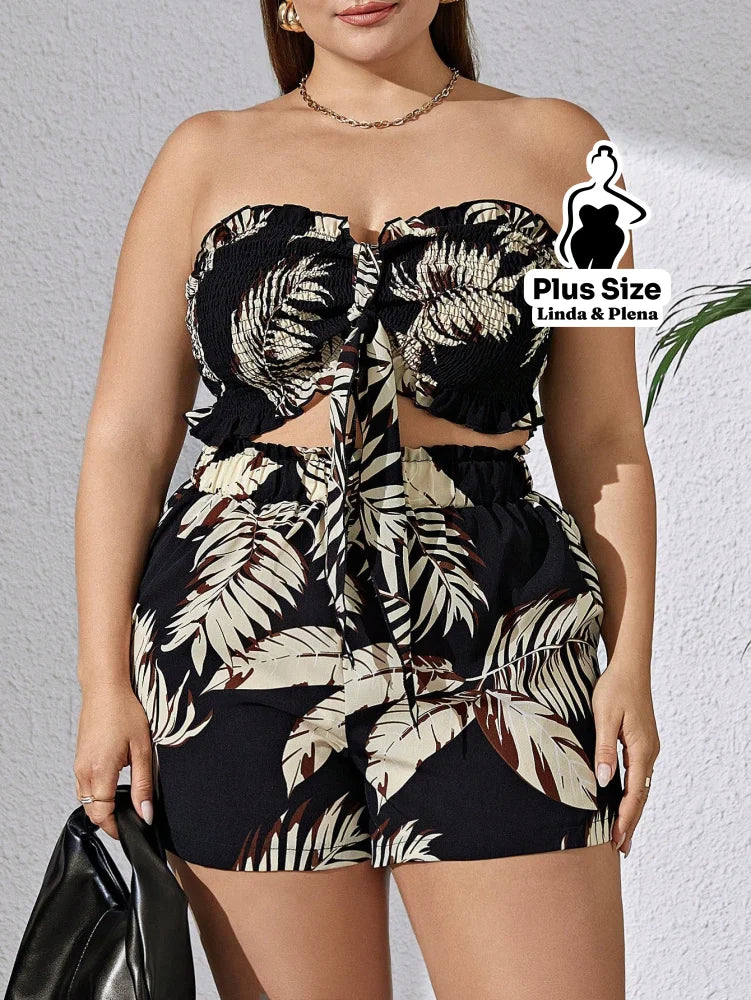 Conjunto Tomara Que Caia Com Estampa Tropical Plus Size Caqui / G Conjunto Tomara Que Caia Com Estampa Tropical Plus
