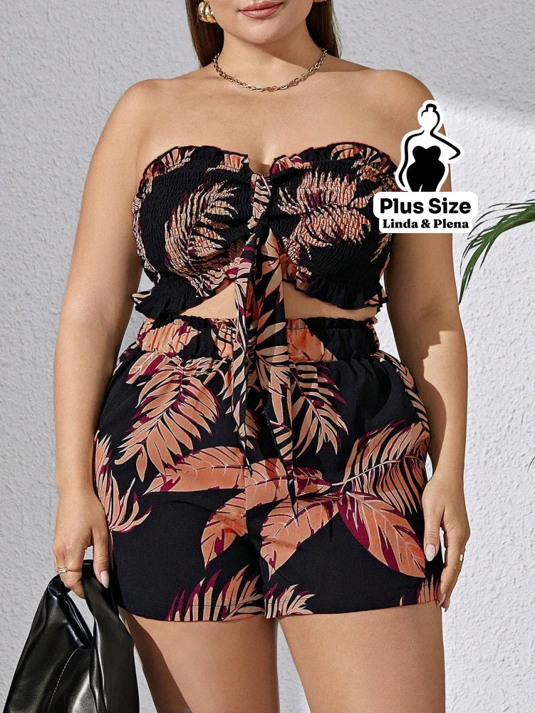 Conjunto Tomara Que Caia Com Estampa Tropical Plus Size Rosa Empoeirado / G Conjunto Tomara Que Caia Com Estampa